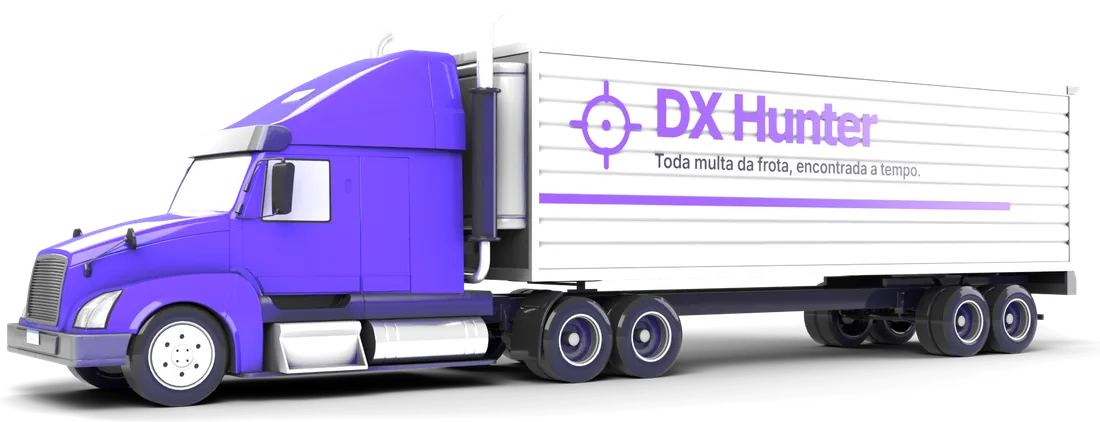 Carreta roxa do DX Hunter com o adesivo da marca no baú